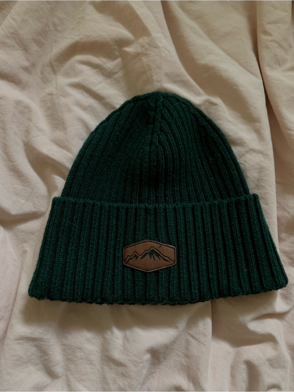 Men's Dark Green Ribbed Knit Beanie with Mountain Patch
